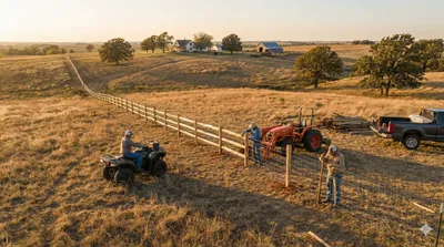 Long wooden split-rail fence extends across golden rural pasture at sunset, with farmhouse and barn visible in background. Workers installing fence sections using ATV and red tractor for transport.