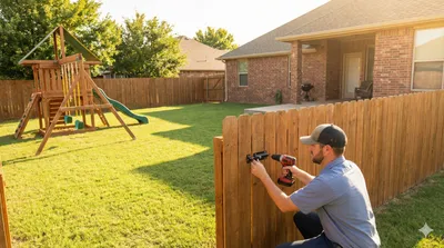 Professional installer using a power drill to secure wooden fence panels in a backyard with a playground set and brick home visible in the background during golden hour lighting