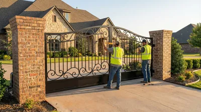 Two workers in safety vests installing an ornate black iron driveway gate between brick pillars at an upscale residential property with stone facade and landscaping.