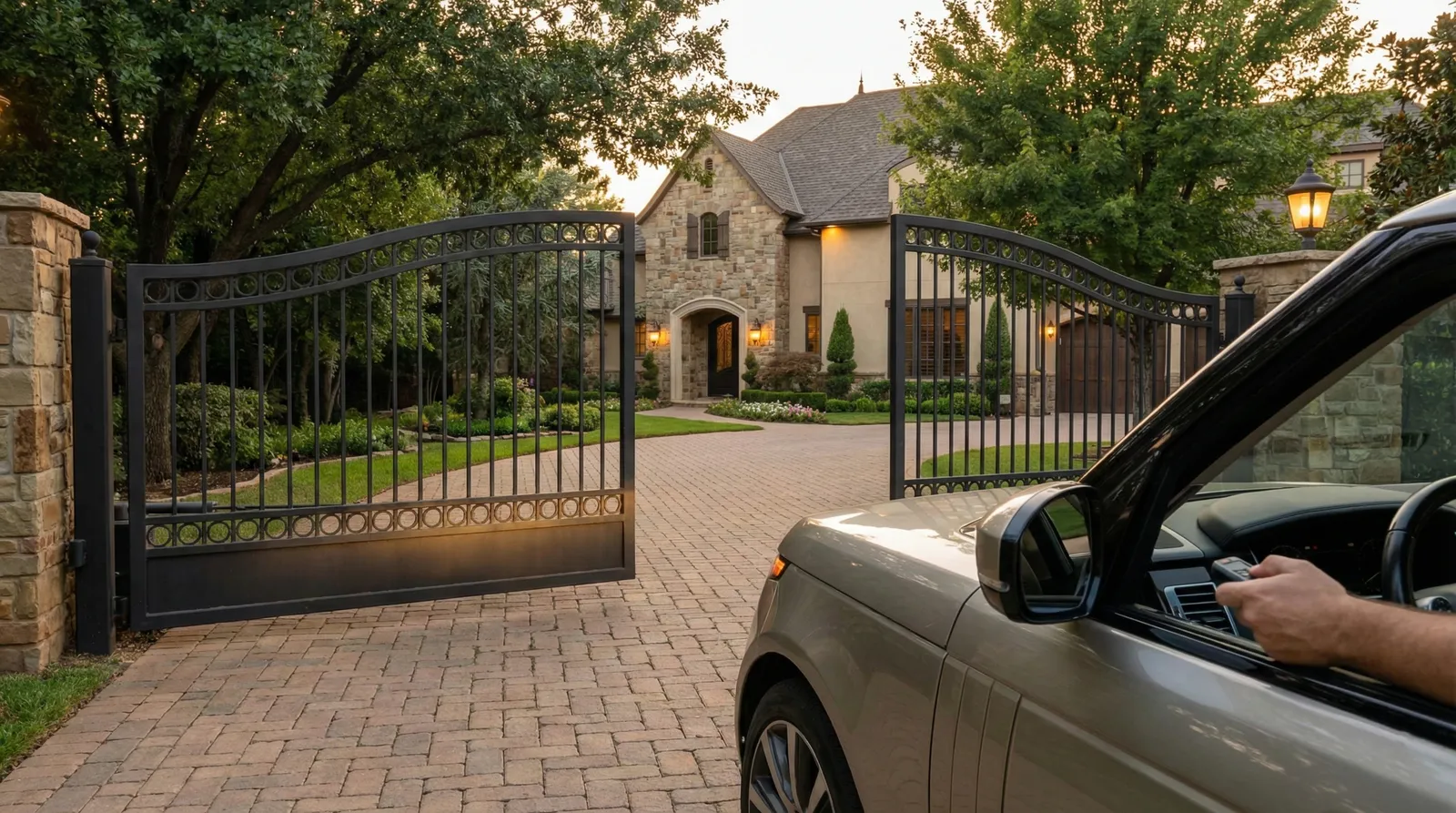Elegant black metal automatic gate opening for a car at dusk, with stone pillars and lanterns illuminating the entrance to a luxury stone home with brick paver driveway.
