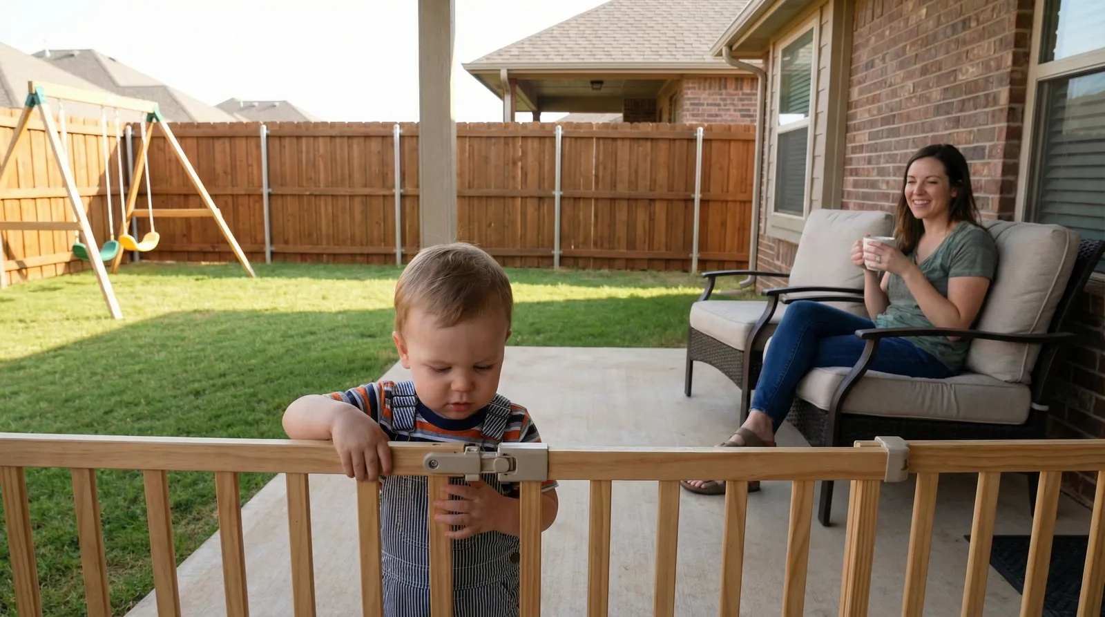 Backyard patio scene with wooden privacy fence and swing set in background, featuring a covered concrete patio with cushioned outdoor furniture and wooden safety railing in foreground.