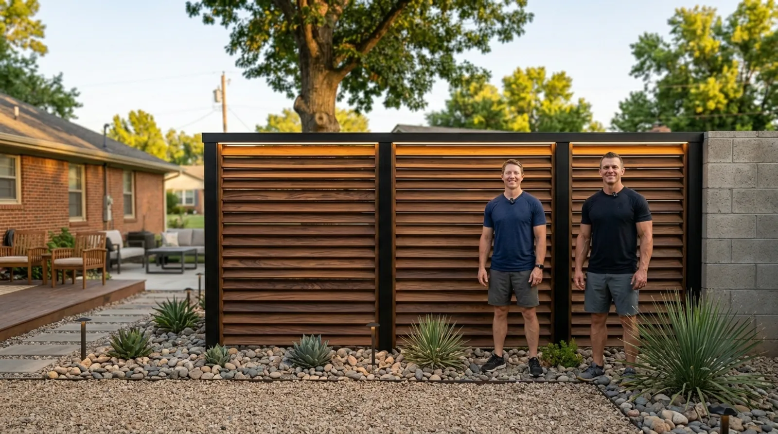 Modern horizontal wood slat fence with black frame stands in a landscaped backyard featuring river rocks and desert plants. Brick residential home and mature trees visible in background.