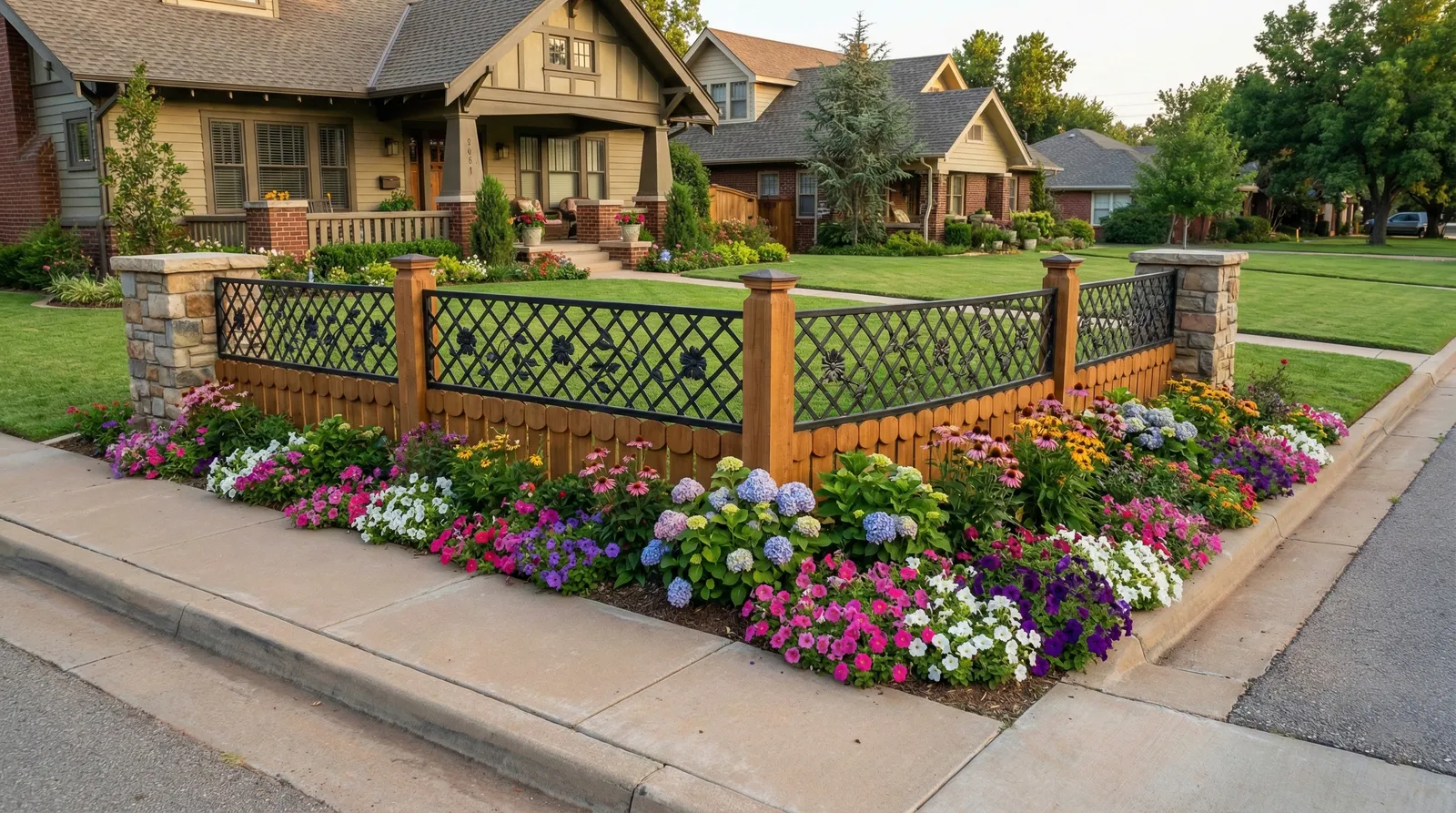 Decorative wooden and metal lattice fence with stone pillars borders a vibrant corner garden filled with pink, purple, and blue hydrangeas, petunias, and other colorful flowers, in front of a craftsman-style home.