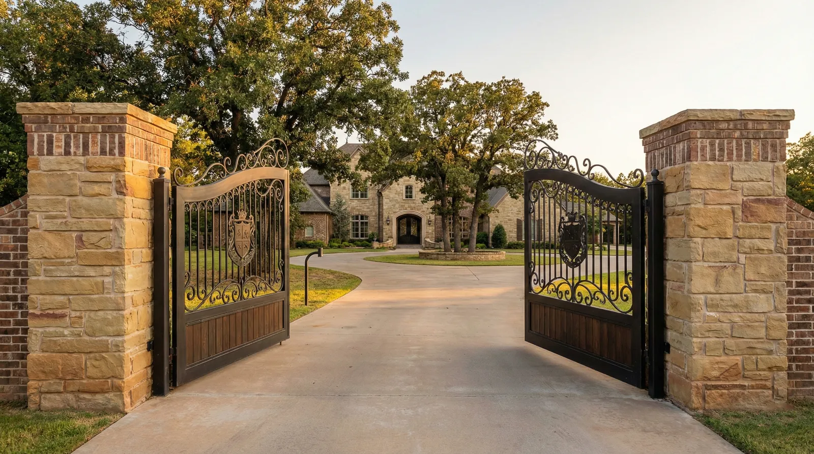 Ornate black metal and wood driveway gates with decorative scrollwork, mounted between stone and brick pillars, leading to a luxury stone mansion with circular driveway and mature oak trees.