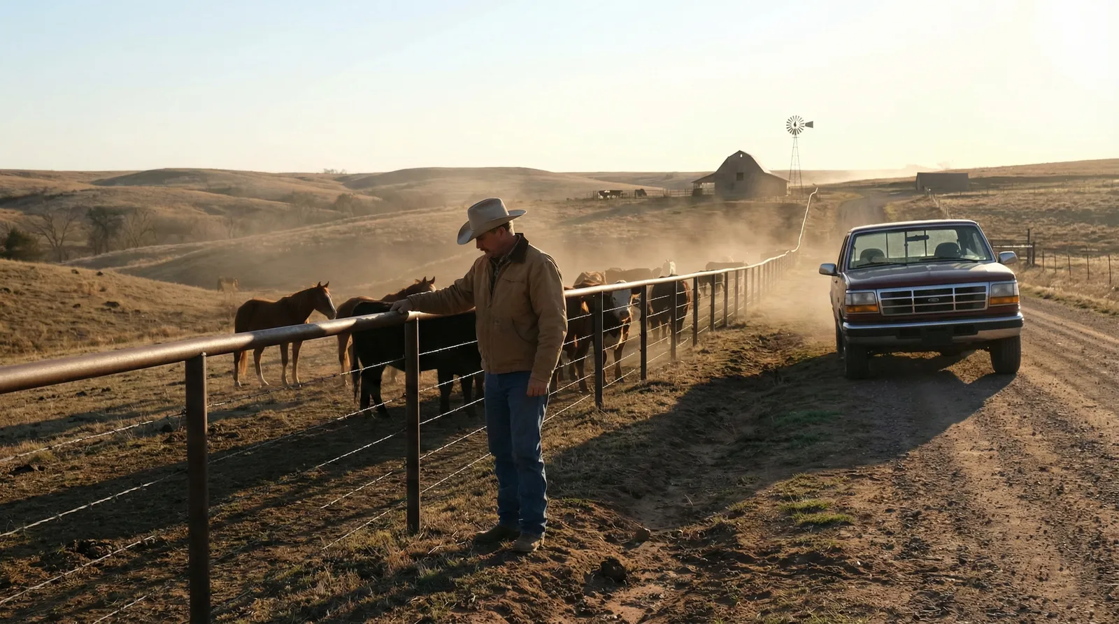 Rural ranch scene at sunset showing horses behind a metal pipe and wire fence, with rolling hills and a windmill in the background, and a pickup truck parked along the fence line.