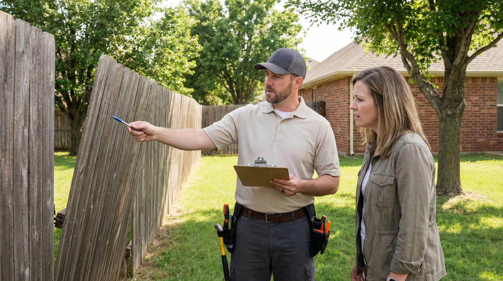 Professional fence inspector with tool belt examines wooden fence in residential backyard while holding clipboard and consulting with homeowner on a sunny day