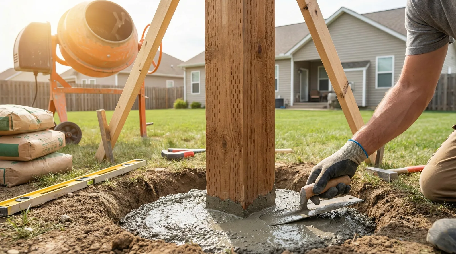 Wooden fence post being set in wet concrete with a cement mixer and level visible in a residential backyard during golden hour sunlight.