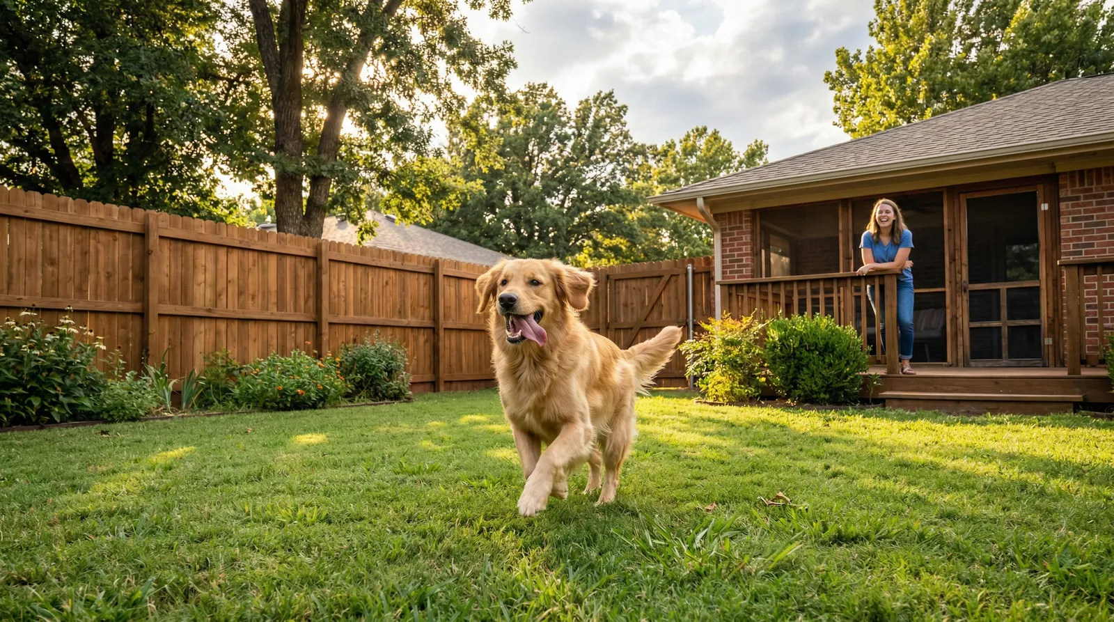 Golden retriever playfully running in a lush backyard enclosed by a wooden privacy fence, with a brick house and screened porch visible in the background during golden hour sunlight.