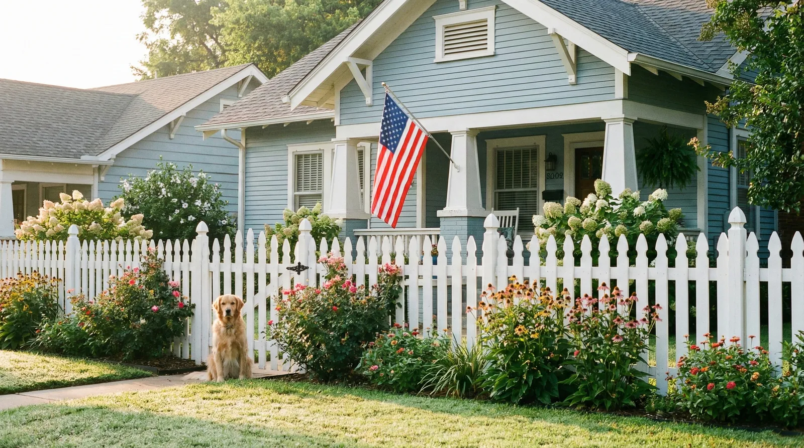 Classic light blue craftsman home with white columns and trim features a pristine white picket fence bordering colorful flower gardens, with an American flag displayed on the porch and a golden retriever sitting by the fence.