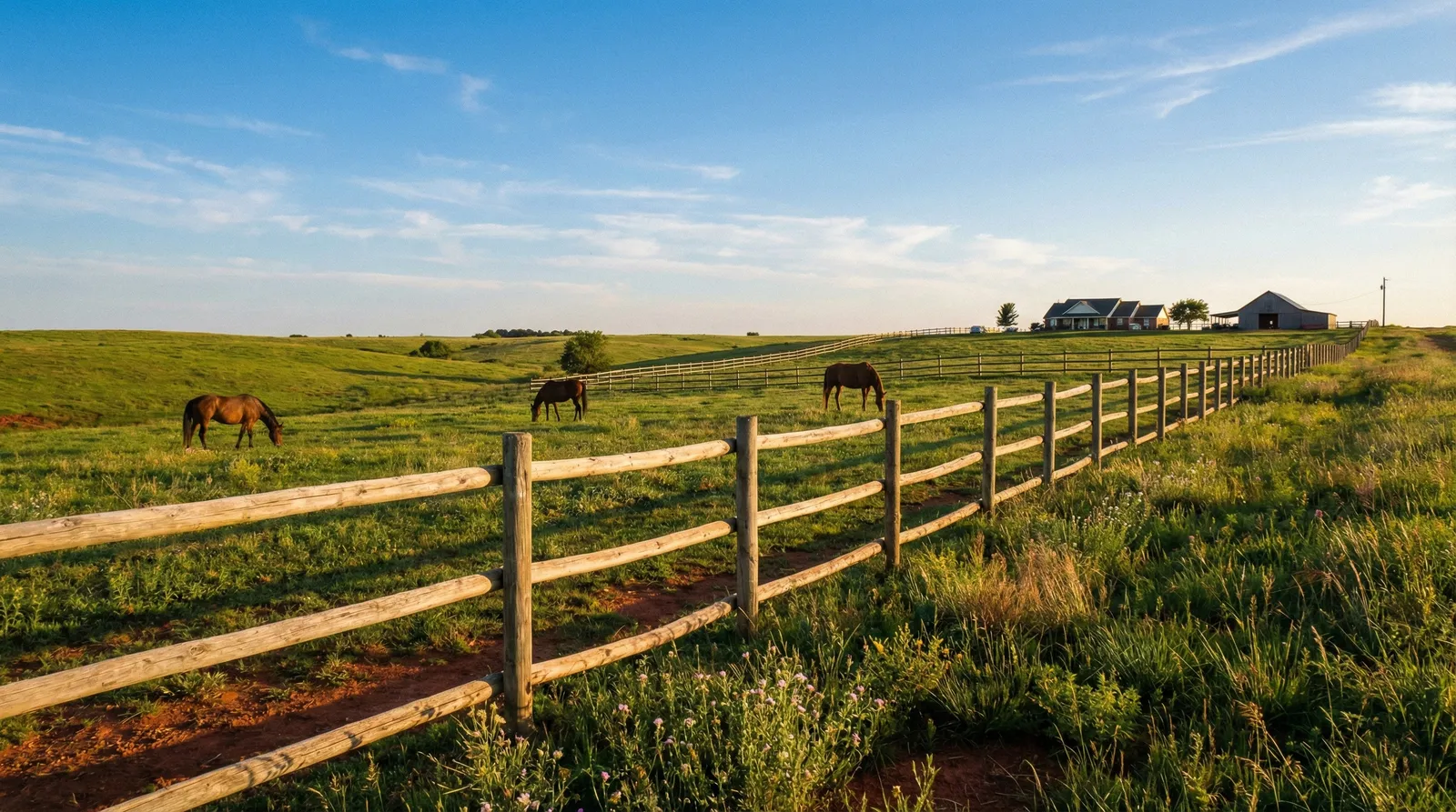 Three horses graze in a sprawling green pasture enclosed by round-rail wooden fencing, with farmhouses visible on the horizon under a bright blue sky.