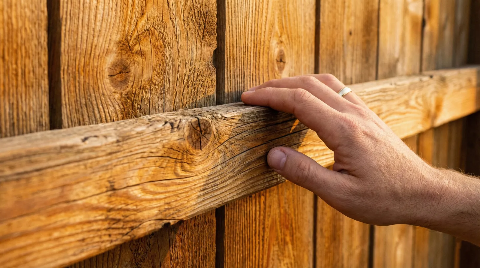 Hand touching and inspecting a wooden fence board, showing the natural grain and texture of the weathered lumber in warm sunlight.