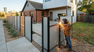 Bright sparks fly as a contractor welds a modern metal and wood fence panel outside a contemporary brick and metal-sided home in Tulsa, with downtown skyscrapers visible in the background.