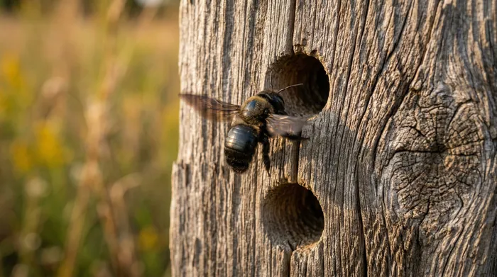 Close-up of a weathered cedar fence post with perfectly round carpenter bee holes, a carpenter bee hovering at the entrance in warm afternoon sunlight