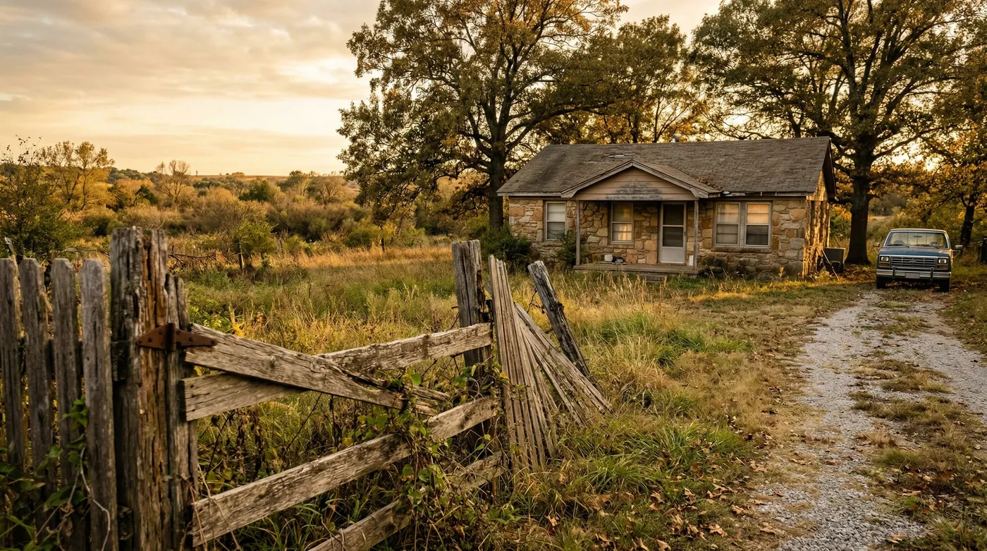 A modest 1980s brick ranch house in Bixby, Oklahoma at golden hour with an old leaning cedar fence in the backyard near Haikey Creek