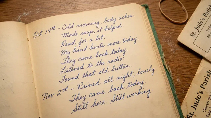 Close-up of a small green vintage journal lying open on a worn wooden table, showing shaky elderly handwriting repeating 'They came back today' in blue ballpoint pen