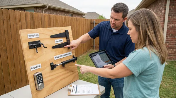 Wooden display board showing various gate hardware options including gravity latch, strap hinges, hydraulic self-closing mechanism, keypad lock, and other components mounted against a residential backyard fence setting.