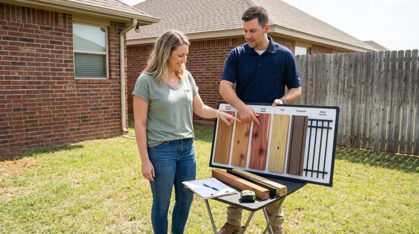 In a residential backyard with brick house and wood fence backdrop, two people review fence material samples displayed on a presentation board showing various wood stains and metal options.