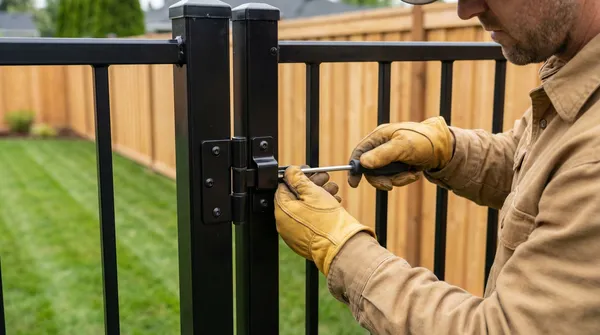 Hands wearing leather work gloves adjust black metal gate hardware using a screwdriver against a backdrop of wooden privacy fencing and green lawn.