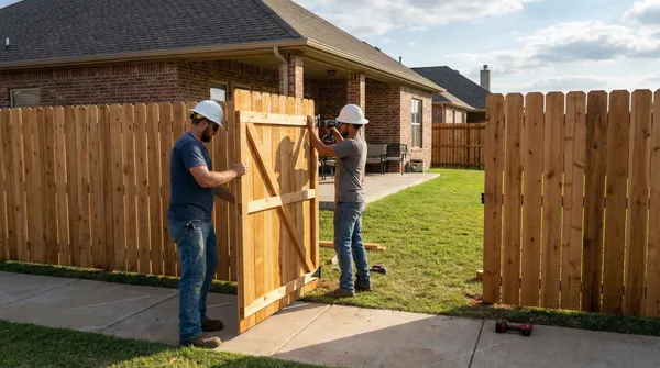 Professional fence contractors in hard hats install a wooden gate onto a cedar privacy fence in a residential backyard with brick home visible in background.