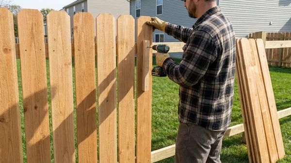 Professional fence installer in plaid flannel securing wooden pickets to a residential privacy fence frame using a power drill in a suburban backyard.