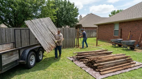 Contractors loading weathered wooden fence panels and posts onto a utility trailer in a residential backyard with brick house and existing fence visible.