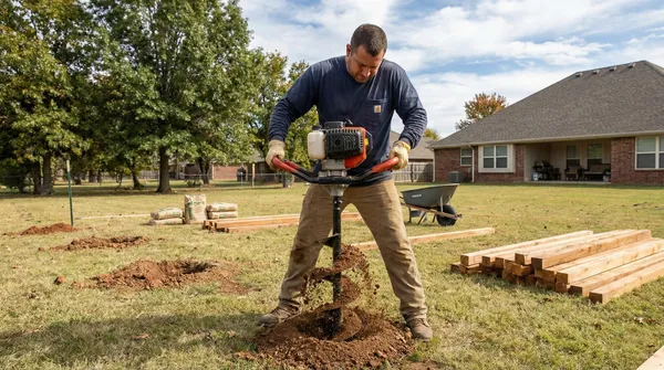 Professional fence installer using a powered auger to dig post holes in a residential backyard, with stacked lumber and a wheelbarrow visible nearby against a brick house backdrop.
