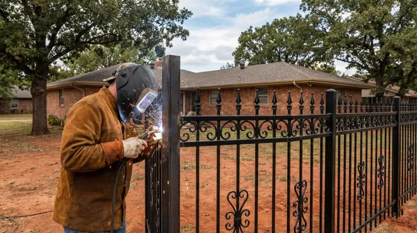 Welder in protective gear performing on-site welding repairs to an ornate black iron fence outside a brick residential home in Tulsa, with bright sparks flying from the welding point.