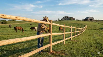 Round rail wooden fence being installed along a horse pasture where several horses graze, with rural homes visible in the background under a blue sky. Natural wood posts and rails create a sturdy enclosure in the lush green field.