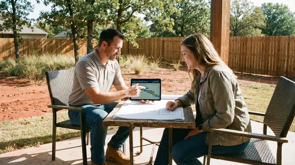 Two people reviewing project documents and a digital timeline on a laptop while seated at an outdoor patio table with a wooden privacy fence in the background.