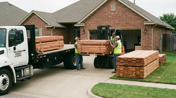 Delivery workers in safety vests unload stacks of cedar lumber from an Oklahoma Lumber & Supply truck parked in a residential driveway of a brick house.