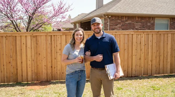 Newly installed cedar privacy fence in a residential backyard with blooming pink cherry trees, showcasing the completed fencing project against a brick home with tan roof.
