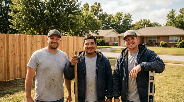 Professional fence installation crew standing in front of a newly installed wooden privacy fence, holding work tools and wearing casual workwear in a residential neighborhood.